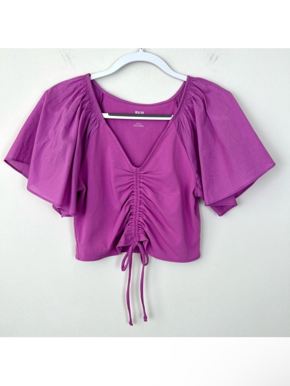 NWT Anthropologie Maeve Flutter Sleeve Ruched Crop Top Magenta